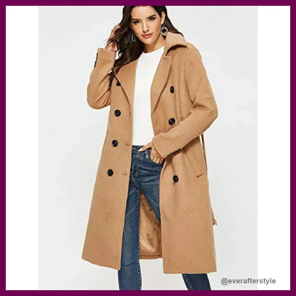 Wool Pea Coat Double Breasted Trench Classic Elegant Winter Long Coat - Picture 5 of 8
